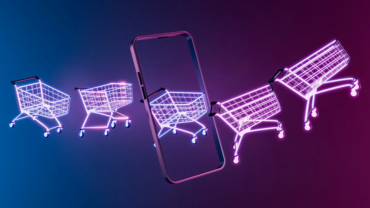 Neon shopping carts and smartphone