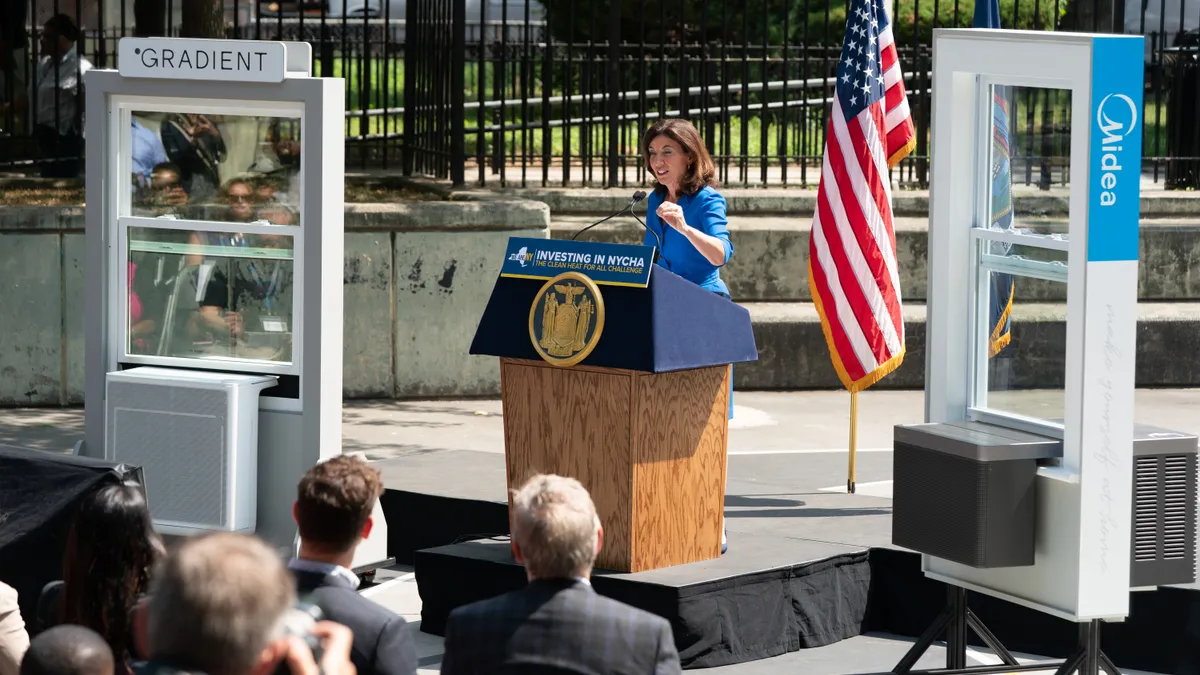 New York Governor Kathy Hochul at an event announcing heat pump unit manufacturers Gradient and Midea as contract winners in the Clean Heat for All Challenge.