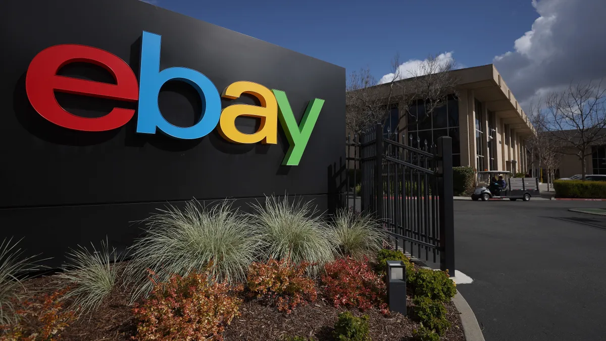 The eBay logo is displayed outside company headquarters.