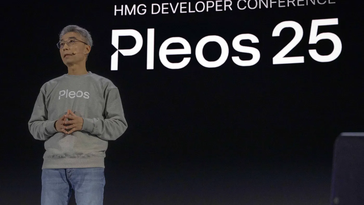 Chang Song, president of Hyundai and Kia's Advanced Vehicle Platform Division, speaks at the company's Pleos 2025 technology event.