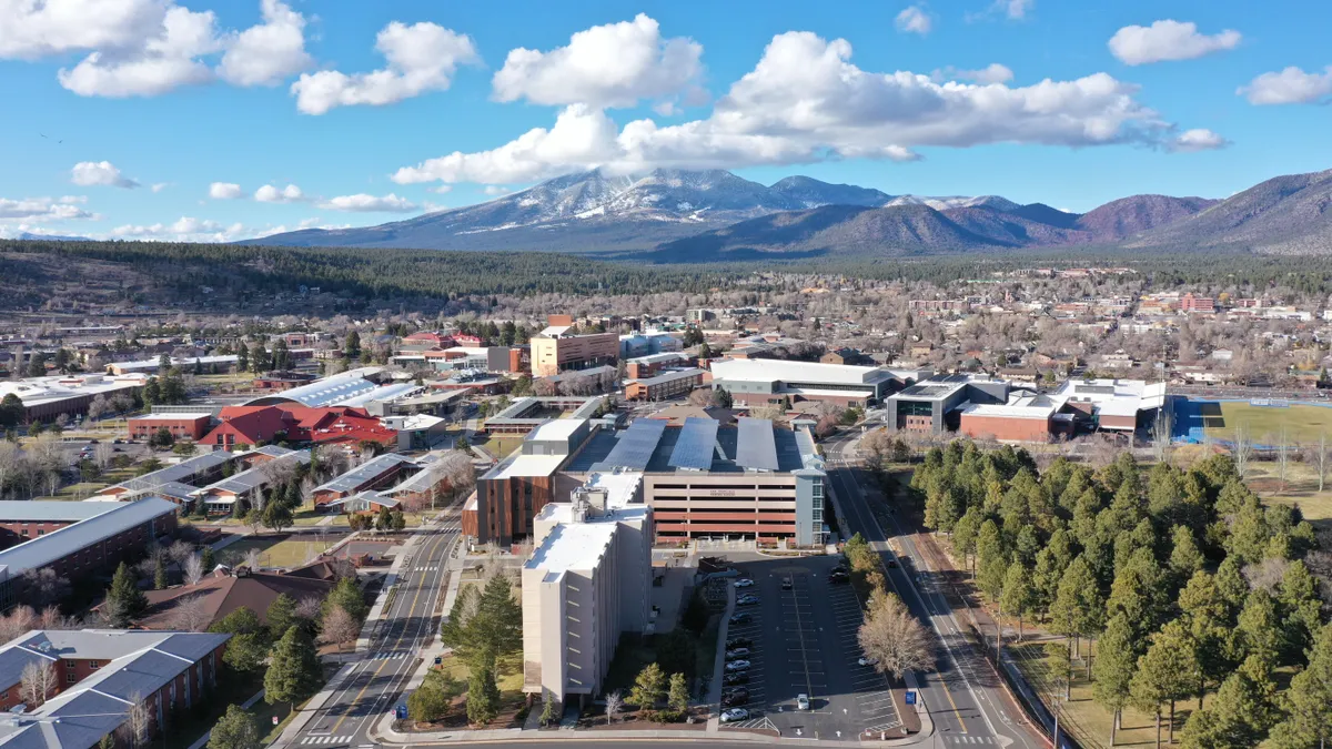 A bird's eye view of Flagstaff, Arizona, including the Northern Arizona University campus.