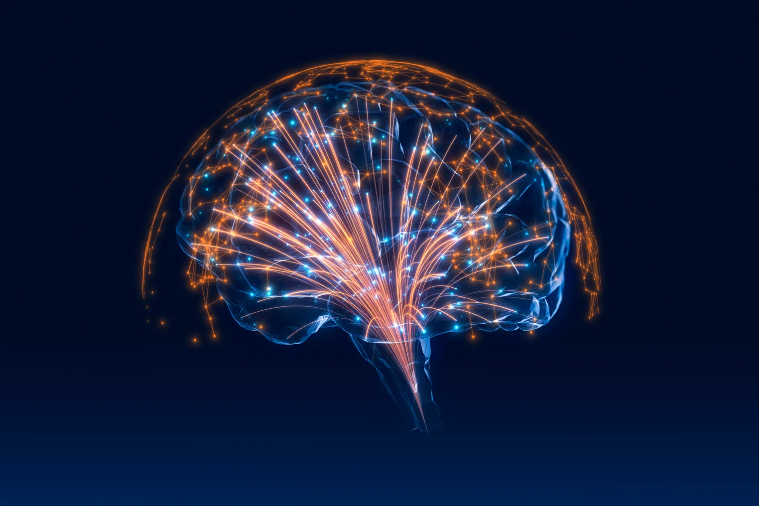 A digital outline of a brain with lights emerging from the stem, creating a half circle that looks like the globe.