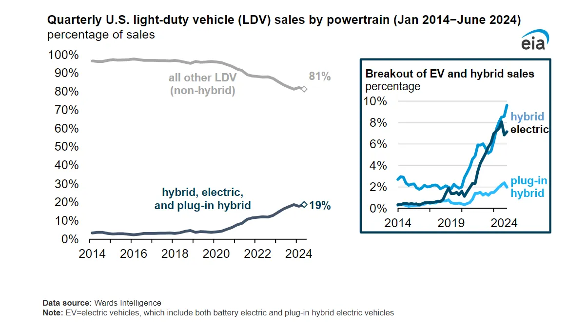 Chart shows electric vehicle sales growth has slowed over the last year.