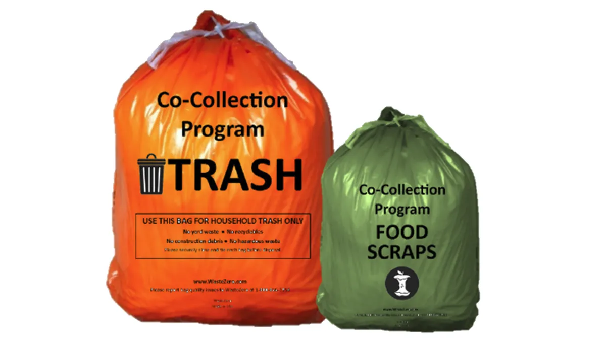 A larger orange bag labelled "Co-Collection program; Trash" and a smaller green bag labelled "Co-Collection program; Food Scraps"