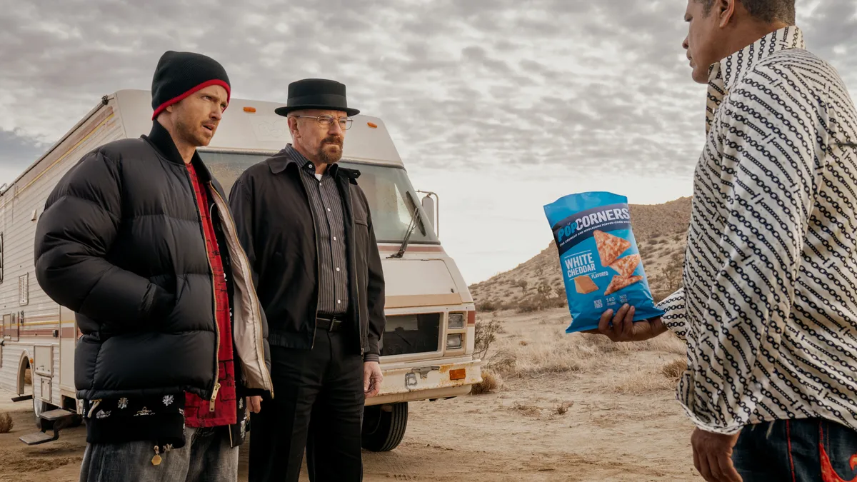 Campaign image from PopCorners for it's "Breaking Bad" themed Super Bowl commercial.