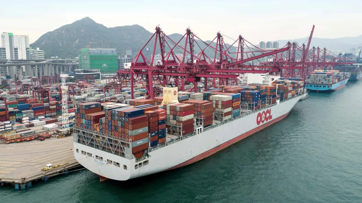 A photo of an OOCL ship birthed at the port of Hong Kong