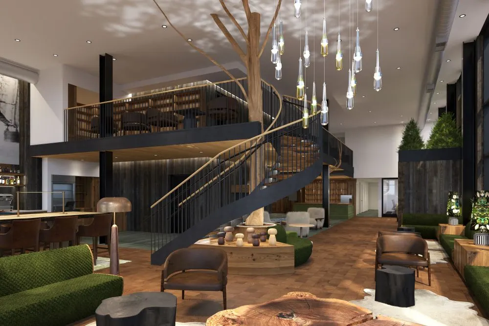 A rendering shows the lobby at the forthcoming Sugar House Hotel, Winooski, Tribute Portfolio.