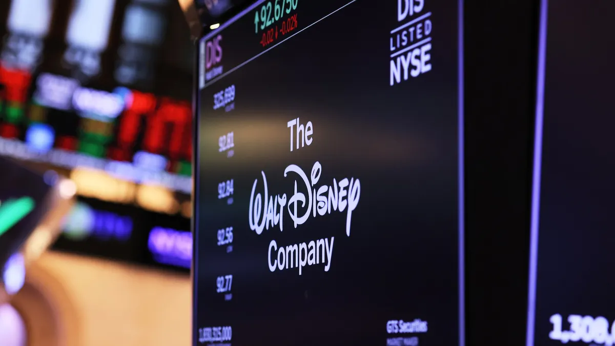 Walt Disney company logo is displayed on the floor of the New York Stock Exchange