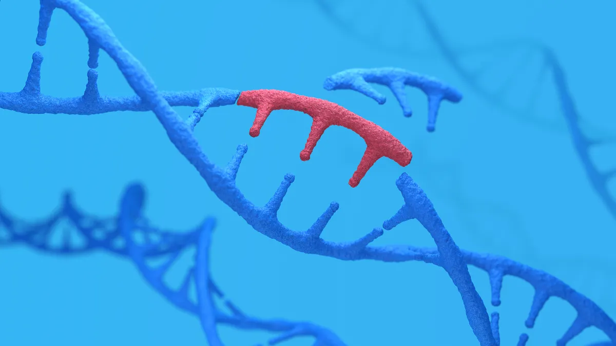 An illustration of a gene being inserted into a helix strand.