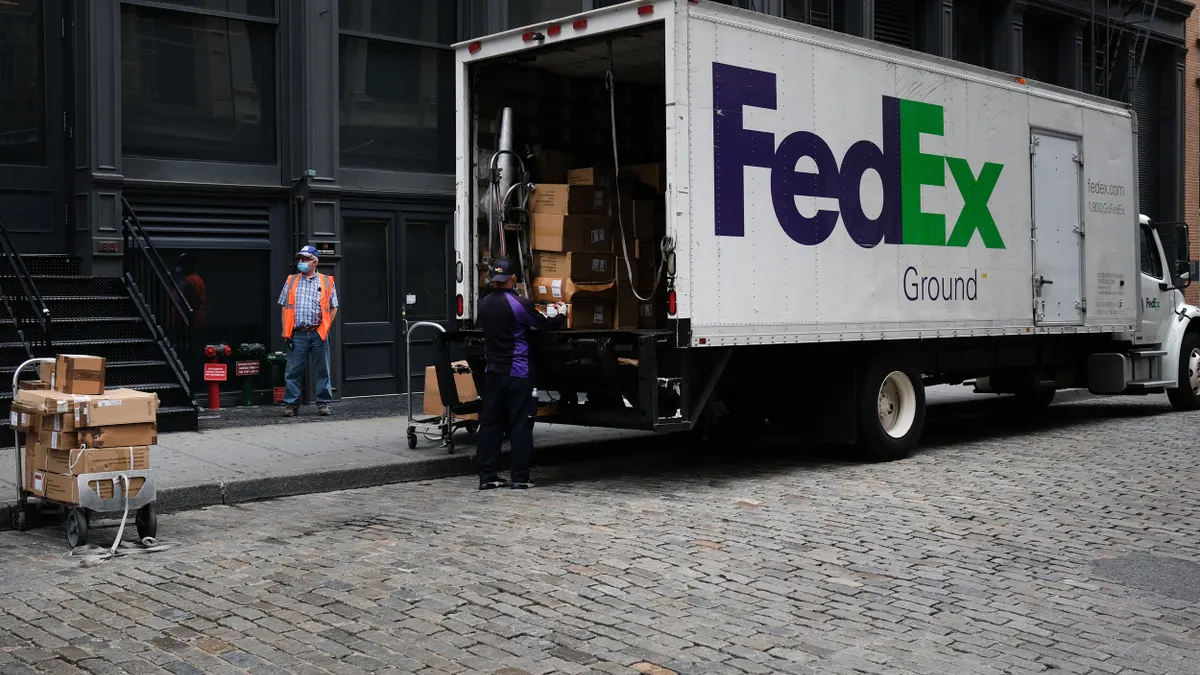 A FedEx truck makes deliveries in Manhattan on September 17, 2020 in New York City.