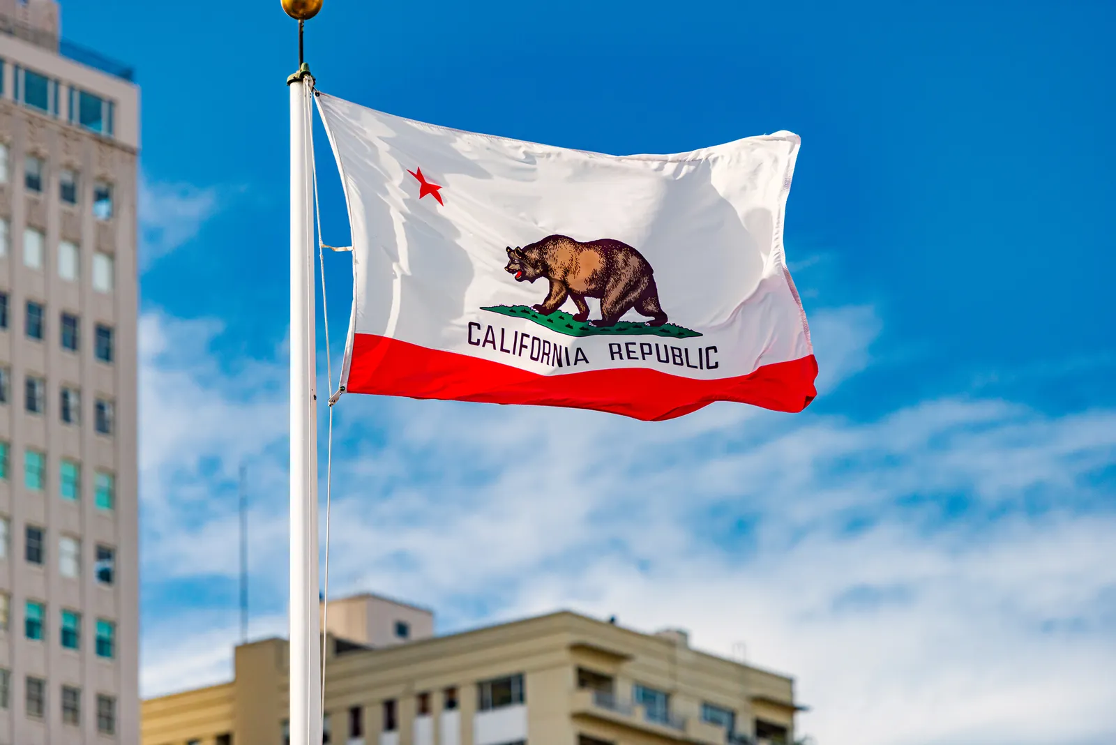 A California state flag flies in San Francisco