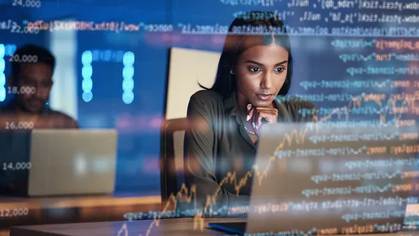Laptop, code hologram and woman thinking of data analytics, information technology or software overlay at night