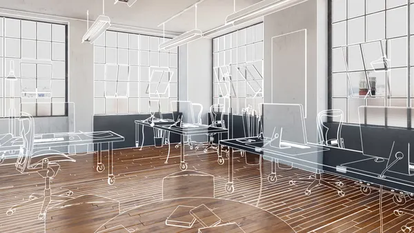 A photo of an office with workplace design illustrations over it