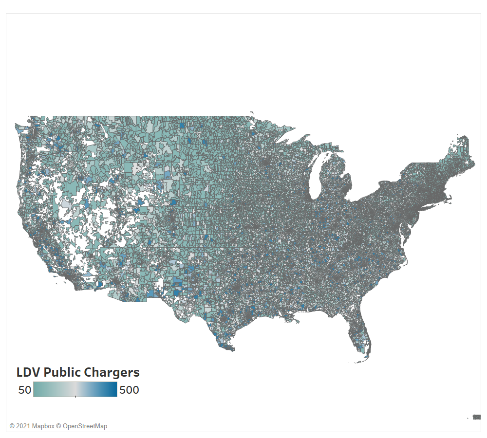 LDV public charging infrastructure per zip code by 2050, prioritized by low availability of dedicated home charging (implying higher concentrations of multi-dwelling and rented units), low-income areas, and higher vehicle populations in the region.