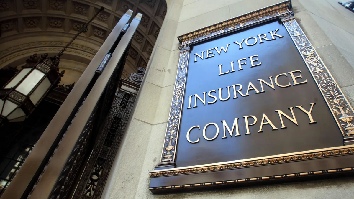 A sign on the office building of New York Life Insurance Company is seen August 9, 2002 in New York City.