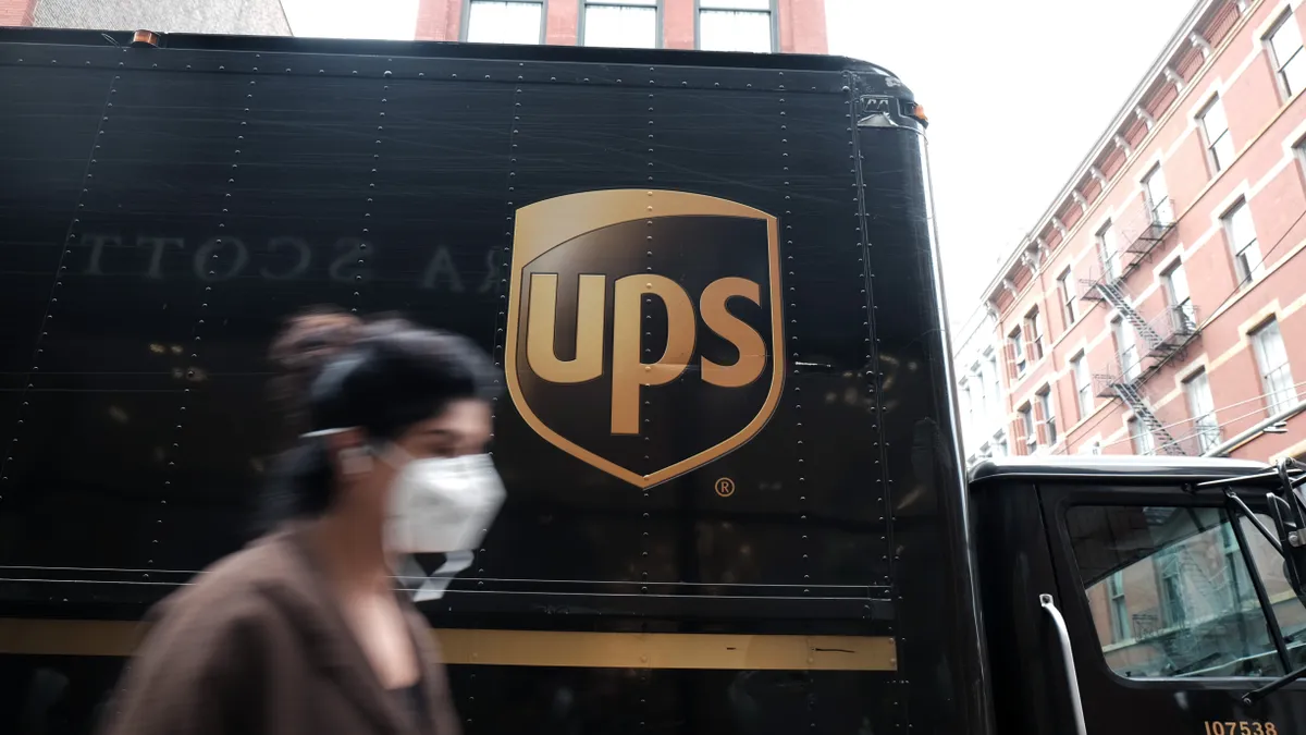 A United Parcel Service (UPS) truck delivers boxes in Manhattan on April 26, 2022 in New York City.