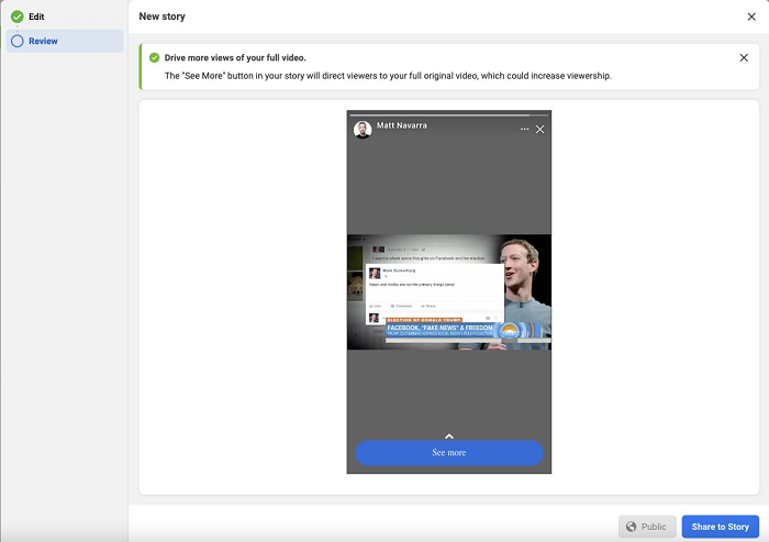 Facebook Creator Studio stories preview
