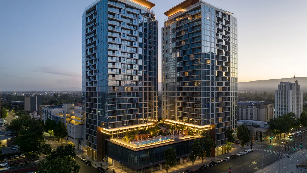 A rendering depicts the MIRO Towers mixed use development in San Jose, California.