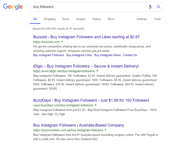 Google search for 'Buy followers'