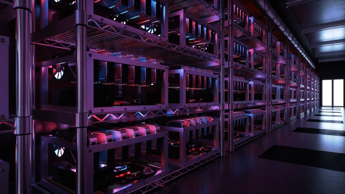 Inside a data center for cryptocurrency mining with endless racks of CPU and motherboards.