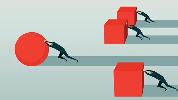 People in a row pushing items. Three people pushing squares and one person pushing a round ball who is head of them all.