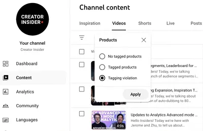 YouTube tagged products filter
