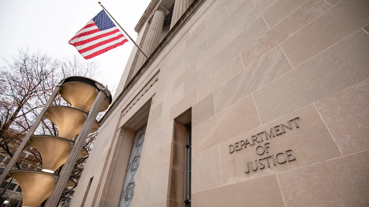 The Justice Department building on a foggy morning in Washington, DC.