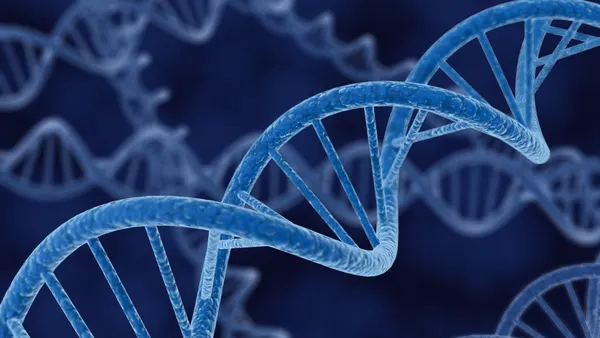An illustration of DNA against a blue abstract background