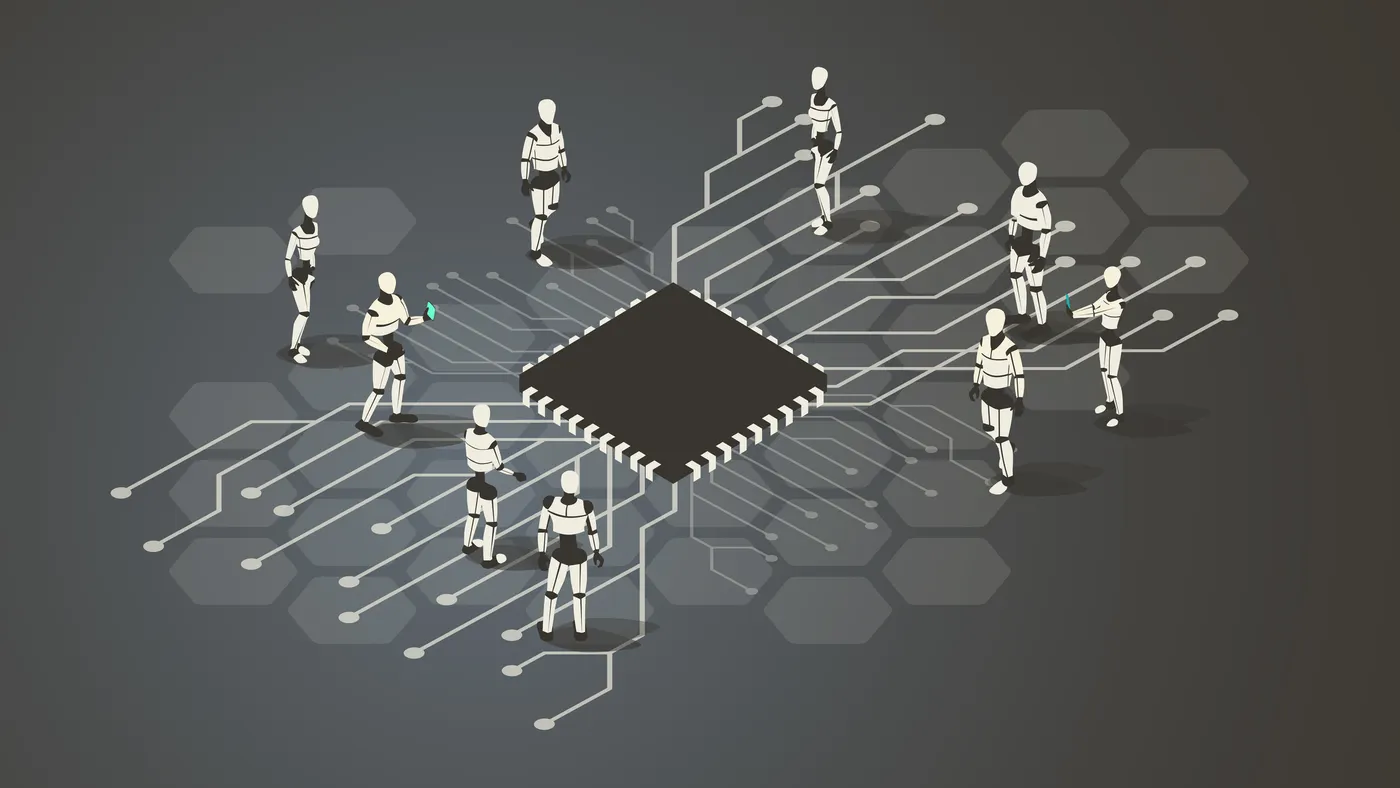 Digital tablet displaying “AI AGENTS” with connected icons representing data, cloud computing and automated tools.