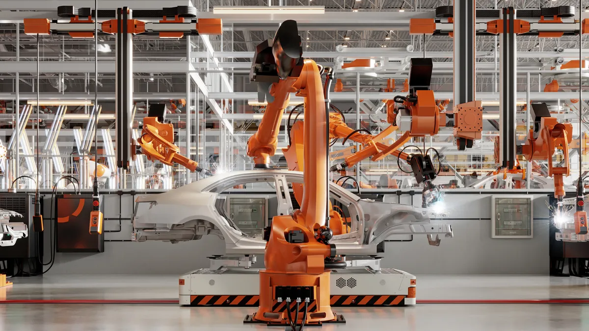 3d render of automatic car production line with robotic arms welding parts.