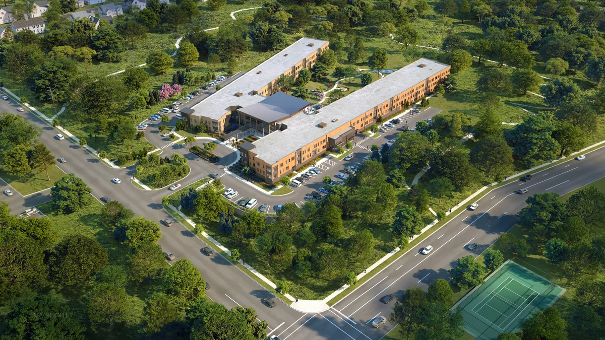 A rendering of an apartment building, seen from above, shaped like an H.