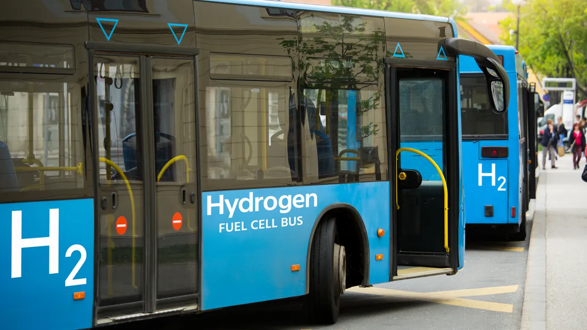 Hydrogen fuel cell buses at a bus stop.