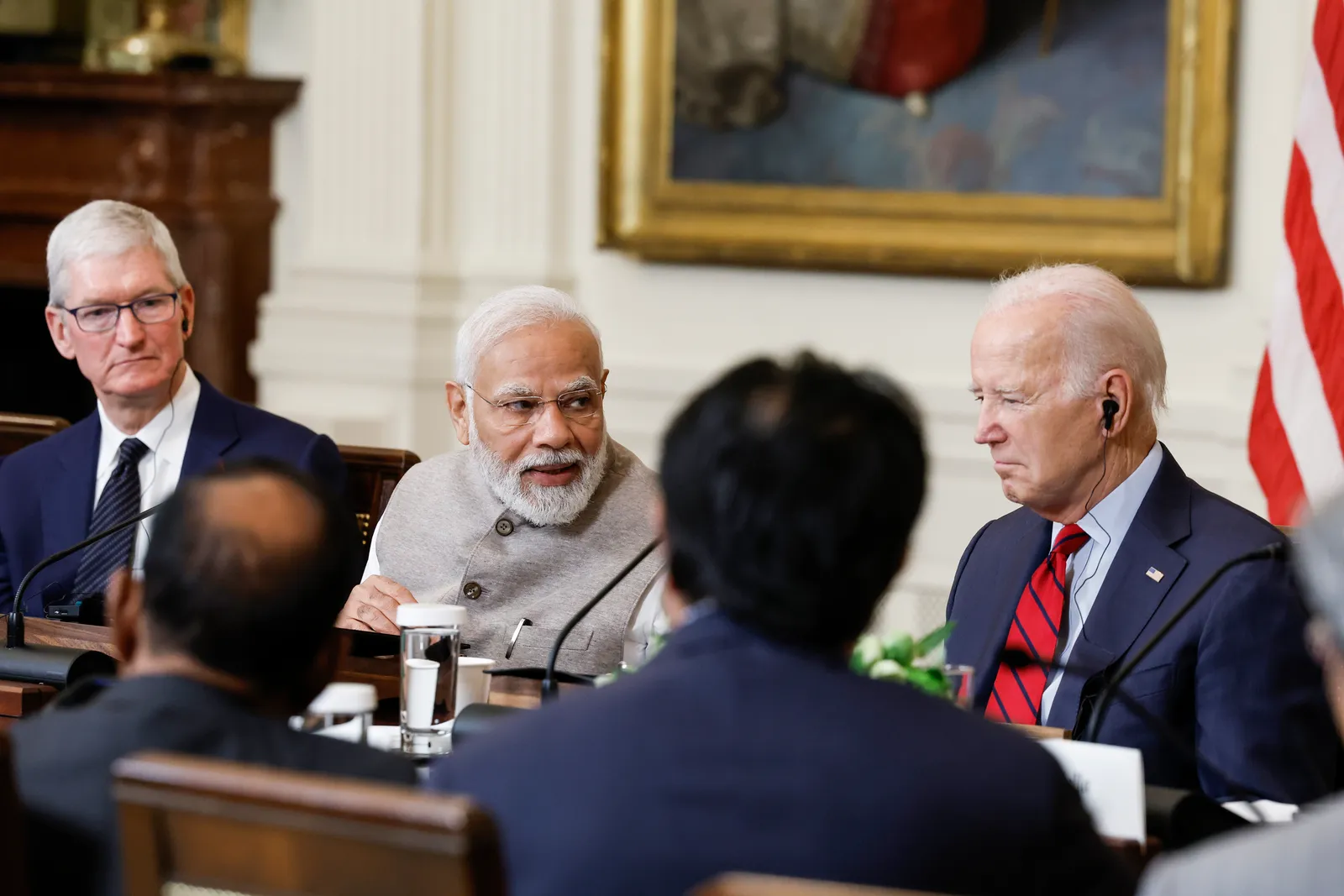 Indian Prime Minister Narendra Modi speaks during a roundtable with American and Indian business leaders alongside U.S. President Joe Biden on June 23, 2023 in Washington, D.C.