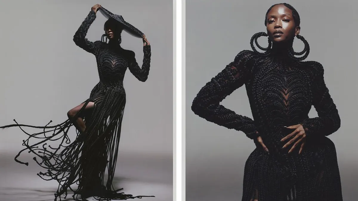 A woman is standing on a neutral gray background wear a yard-braided black gown in two separate poses