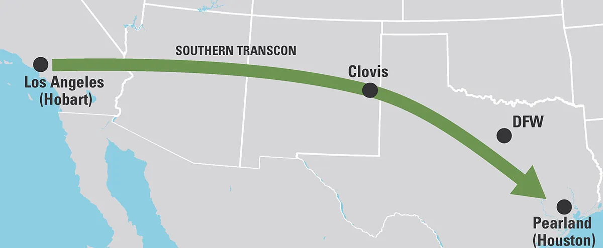 Map from Los Angeles, California to Houston.