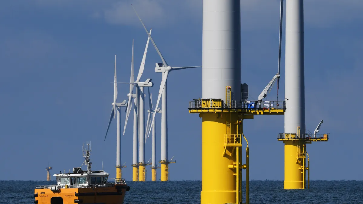 Offshore wind turbines in the ocean.