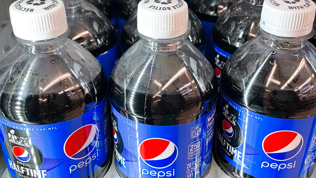 Individual bottles of Pepsi cola.