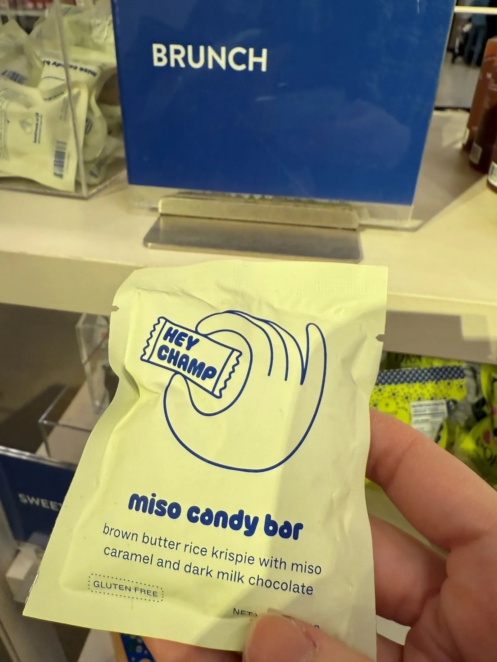 Close-up of a hand holding a candy bar.