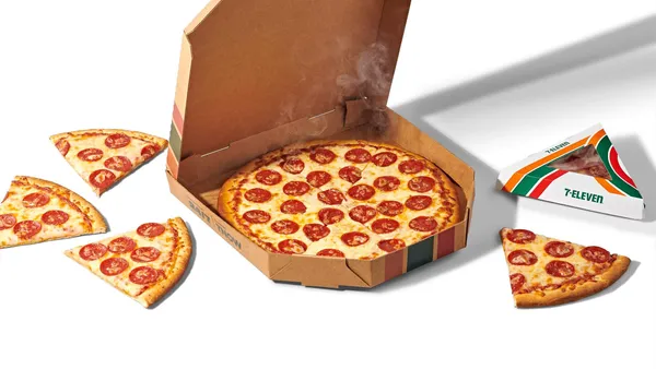 A photo of a whole pepperoni pizza in a box and several other slices of pizza either on a while background or in a triangle-shaped box. The boxes say "7-Eleven."