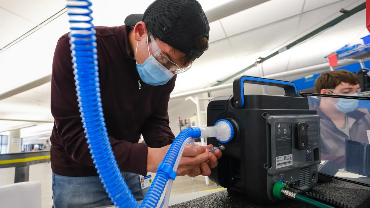 Ventec ventilator being worked on at GM's retooled parts plant in Kokomo, Indiana.