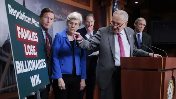 U.S. Senate Minority Leader Chuck Schumer (D-NY) speaks during a news conference on Senate Republican’s Budget Resolution legislation at the U.S. Capitol on April 03, 2025 in Washington, DC. Schumer was joined by Sen. Richard Blumenthal (D-CT), Sen. Elizabeth Warren (D-MA), Sen. Ron Wyden (D-OR), and Sen. Jeff Merkley (D-OR).