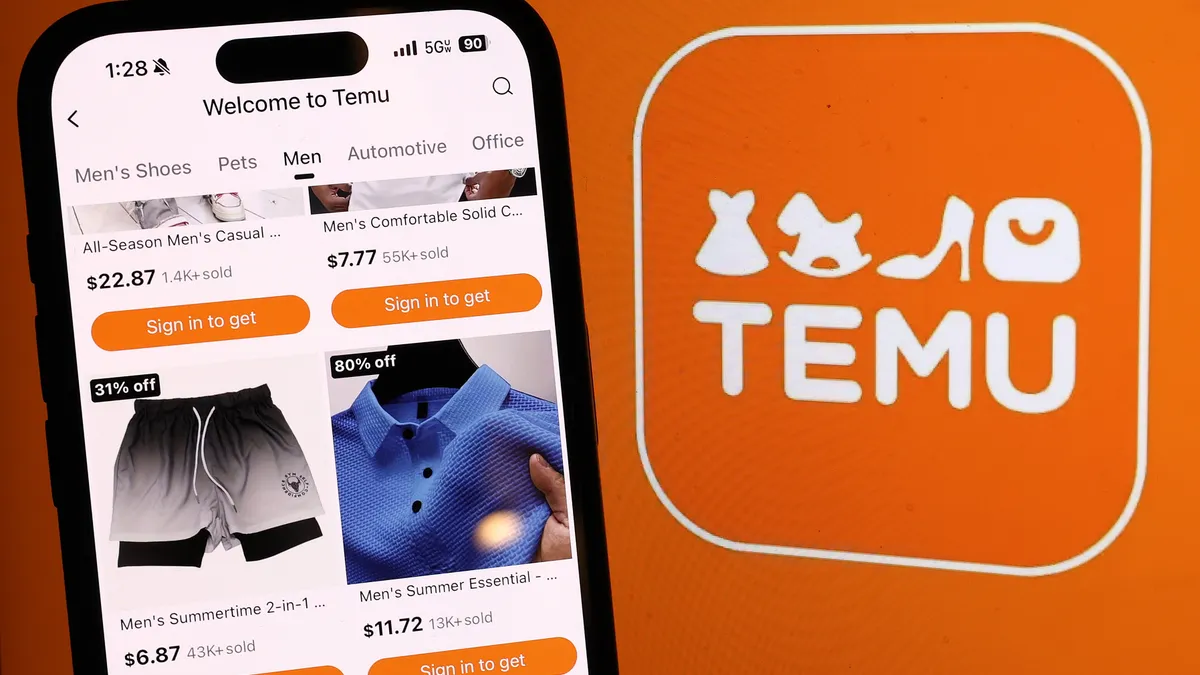 A photo illustration of a phone on the Temu app against an orange background displaying the Temu logo.