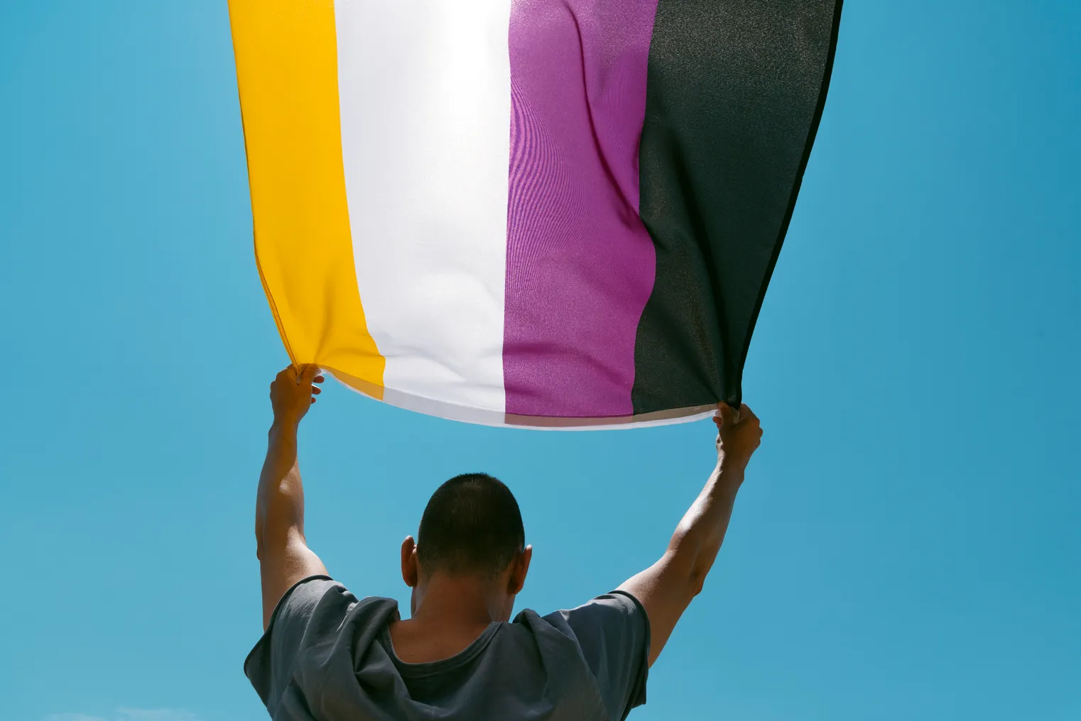 A person holding a nonbinary pride flag is seen from behind.