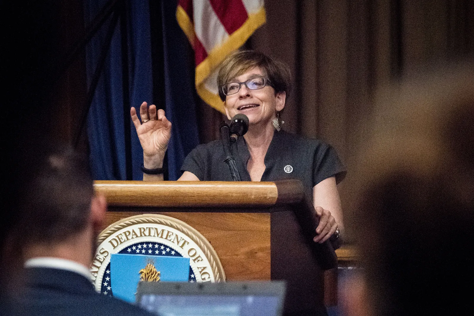 A person stands at a podium and motions with one hand.