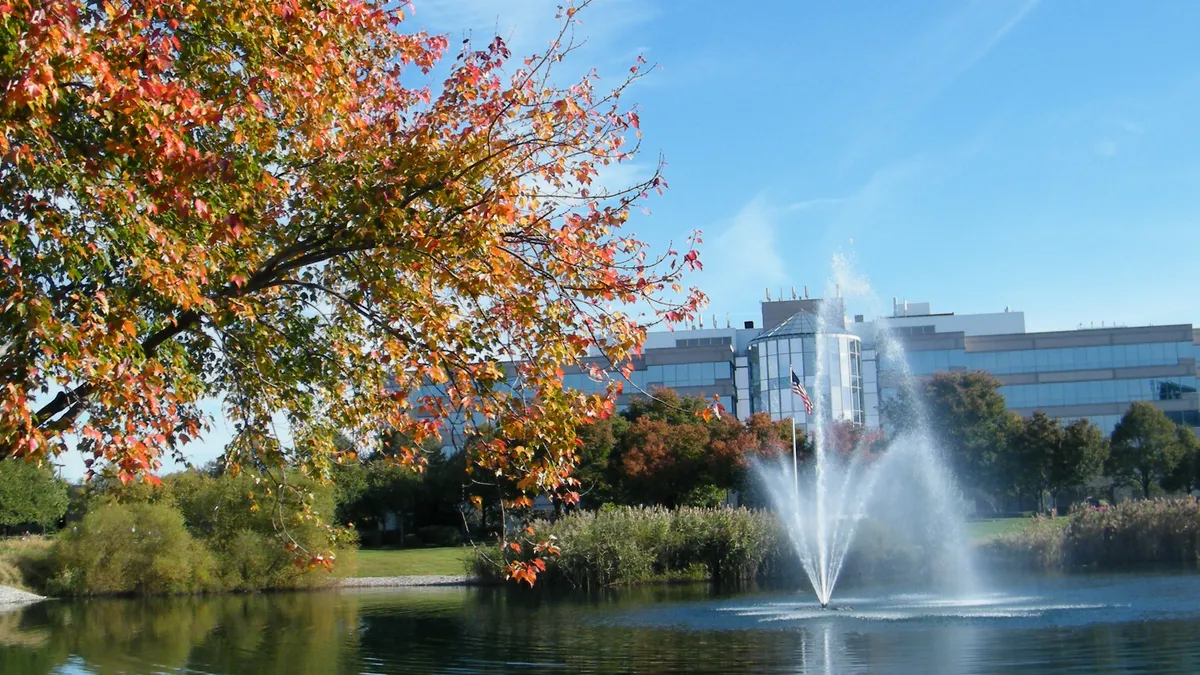 A fountain and campus building at Kean University