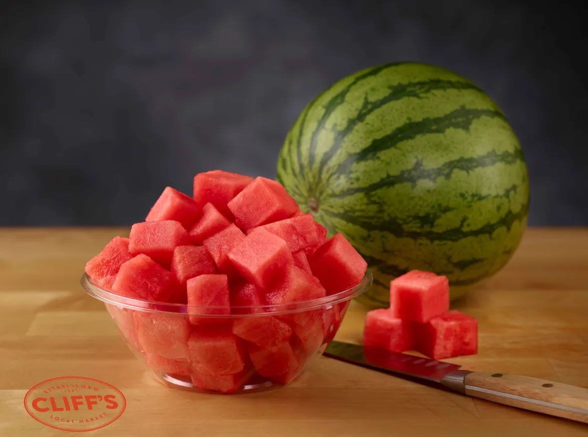 A photo of a watermelon bowl and watermelon from Cliff&#x27;s.