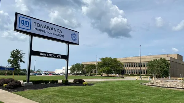 A sign outside of GM's Tonawanda Propulsion plant near Buffalo, New York showing it "UAW Local 774", which represents the plant's hourly employees.