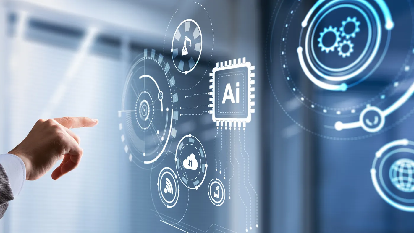 Artificial Intelligence control futuristic data screen. Business Technology.