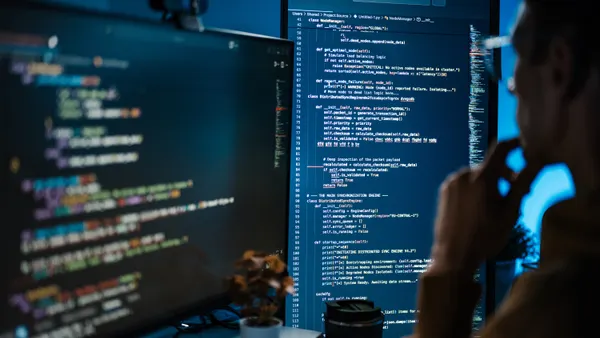 A Software Developer Reviews Source Code on Large computer Screen.