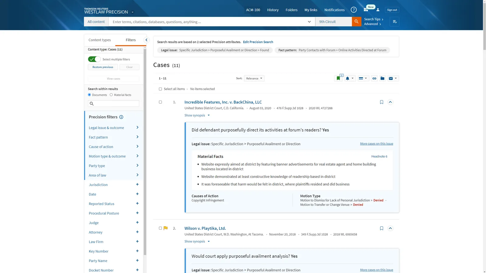 A screenshot of Westlaw Precision's search functionality